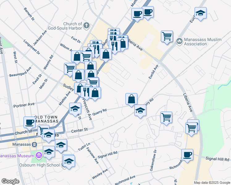 map of restaurants, bars, coffee shops, grocery stores, and more near 9118 Weir Place in Manassas