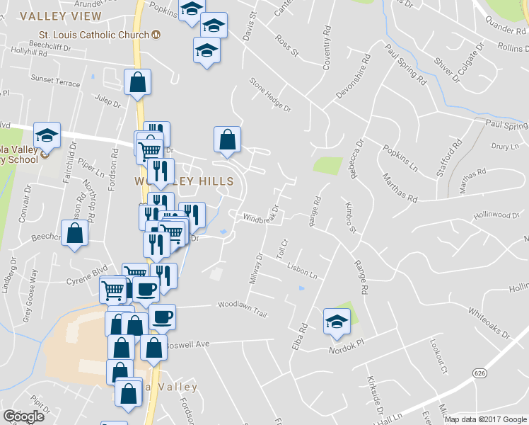 map of restaurants, bars, coffee shops, grocery stores, and more near 2618 Windbreak Drive in Alexandria