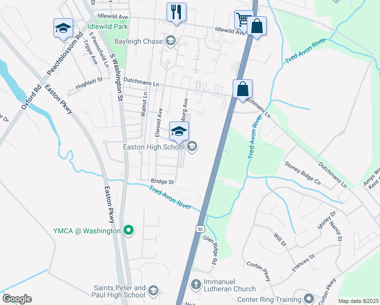map of restaurants, bars, coffee shops, grocery stores, and more near 723 Mecklenburg Avenue in Easton