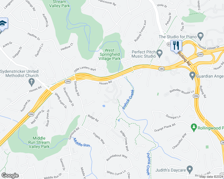 map of restaurants, bars, coffee shops, grocery stores, and more near 7364 Hidden Knolls Court in Springfield
