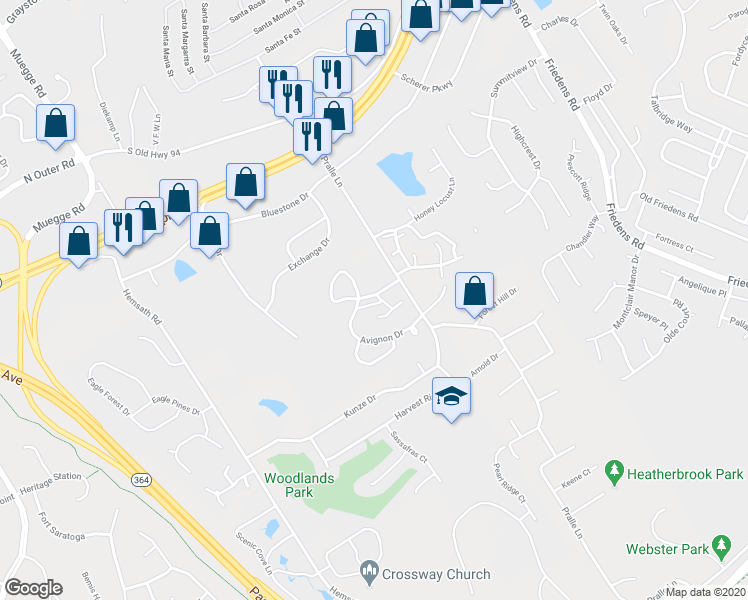 map of restaurants, bars, coffee shops, grocery stores, and more near 2042 Bayonne Drive in Saint Charles