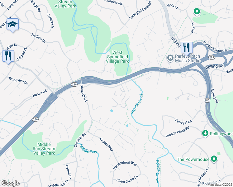 map of restaurants, bars, coffee shops, grocery stores, and more near 7384 Hidden Knolls Court in Springfield
