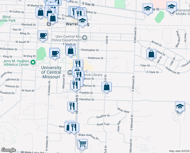 map of restaurants, bars, coffee shops, grocery stores, and more near 405 Jackson Street in Warrensburg