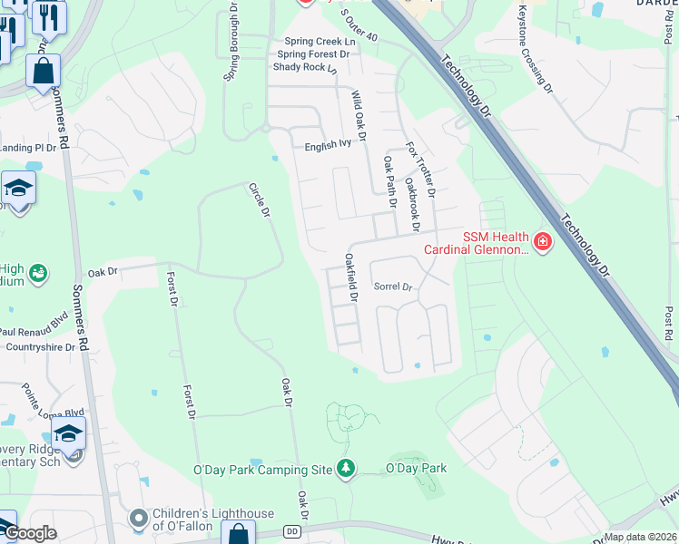 map of restaurants, bars, coffee shops, grocery stores, and more near 6 Valley Oak Court in O'Fallon