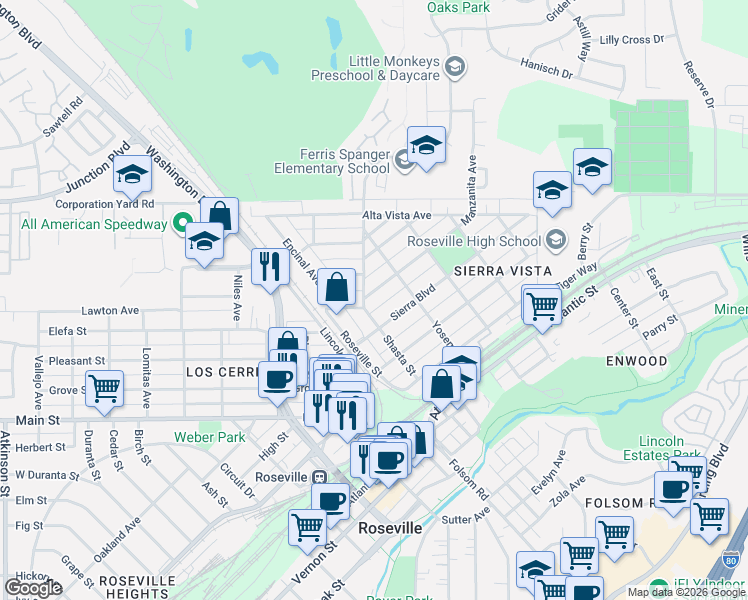 map of restaurants, bars, coffee shops, grocery stores, and more near 316 Shasta Street in Roseville