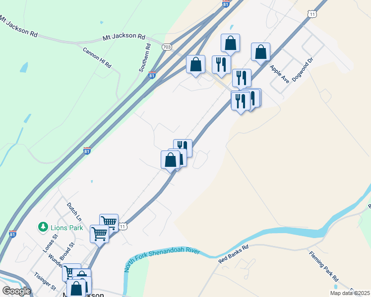 map of restaurants, bars, coffee shops, grocery stores, and more near 5534 Main Street in Mount Jackson