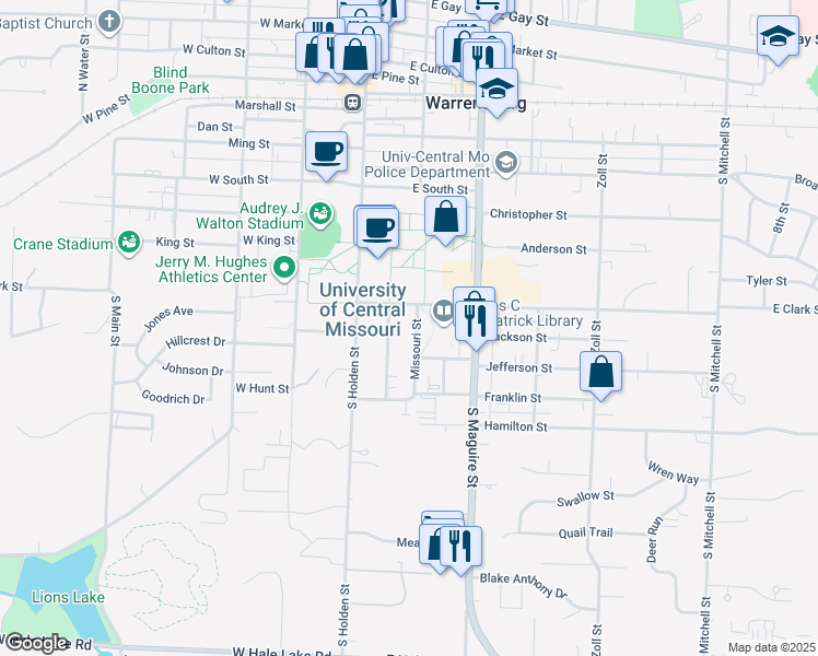 map of restaurants, bars, coffee shops, grocery stores, and more near 616 Missouri Street in Warrensburg