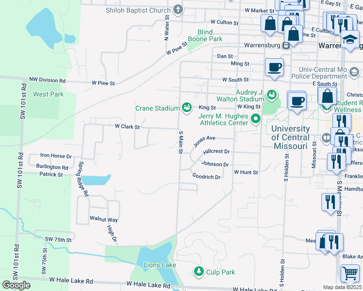 map of restaurants, bars, coffee shops, grocery stores, and more near 633 South Main Street in Warrensburg