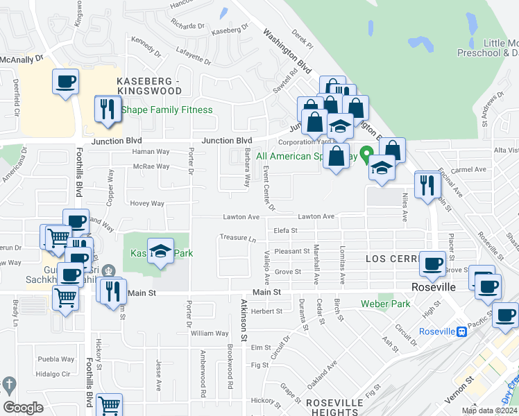 map of restaurants, bars, coffee shops, grocery stores, and more near 902 Lawton Avenue in Roseville