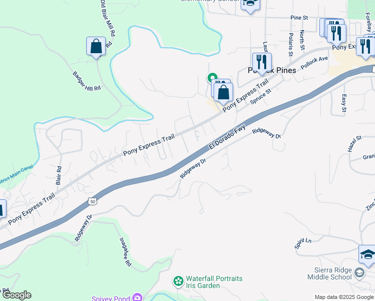 map of restaurants, bars, coffee shops, grocery stores, and more near 3012 Trap Lane in Pollock Pines