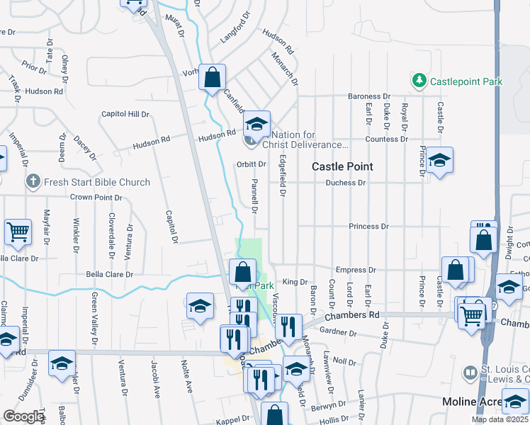 map of restaurants, bars, coffee shops, grocery stores, and more near 10205 Pannell Drive in St. Louis