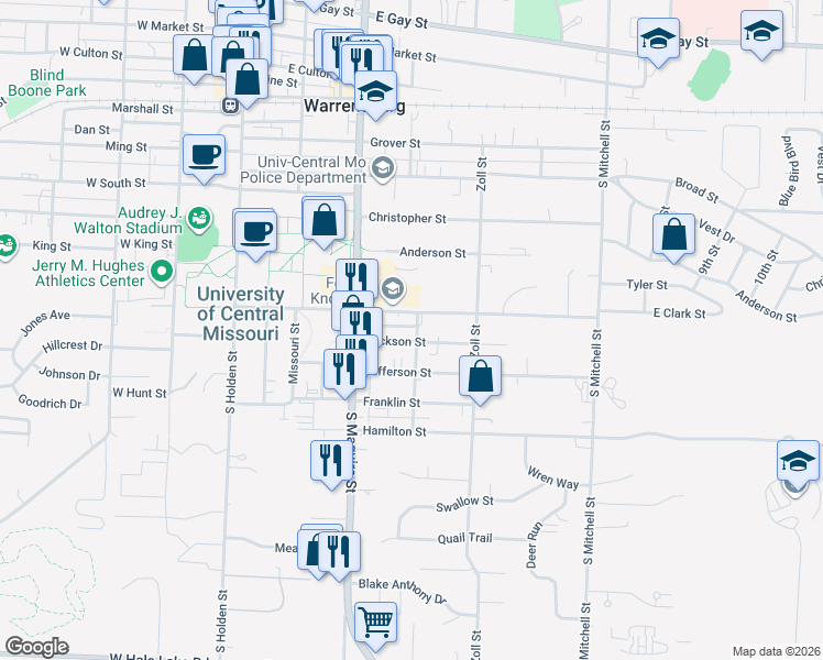 map of restaurants, bars, coffee shops, grocery stores, and more near 611 Cleburn Street in Warrensburg