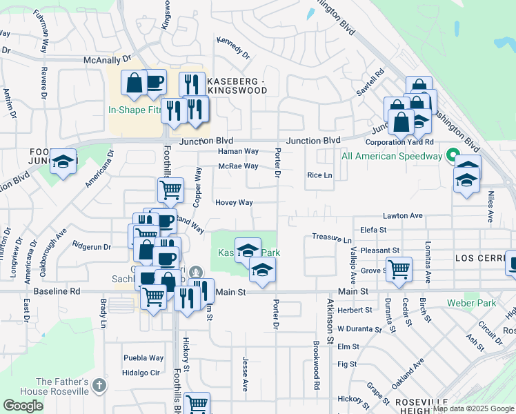 map of restaurants, bars, coffee shops, grocery stores, and more near 599 Hovey Way in Roseville
