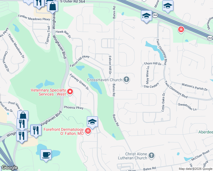 map of restaurants, bars, coffee shops, grocery stores, and more near 744 Hawk Run Drive in O'Fallon