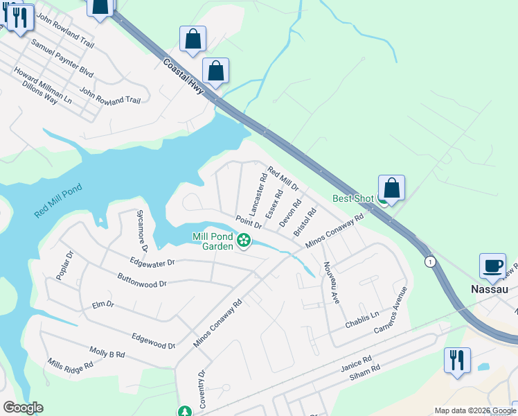 map of restaurants, bars, coffee shops, grocery stores, and more near 16875 Lancaster Road in Lewes