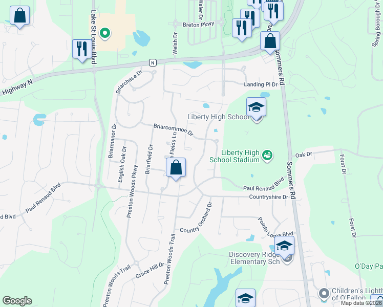 map of restaurants, bars, coffee shops, grocery stores, and more near 543 Country Circle Drive in Lake Saint Louis