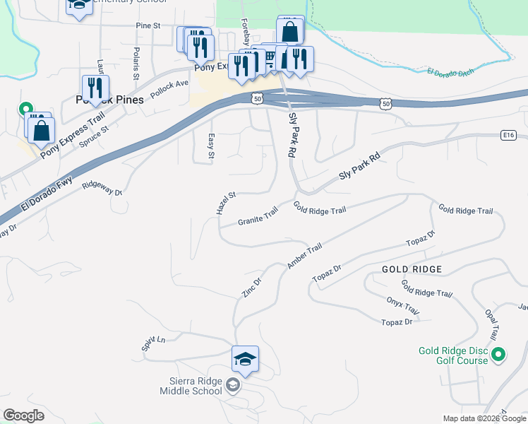 map of restaurants, bars, coffee shops, grocery stores, and more near 6488 Granite Trail in Pollock Pines