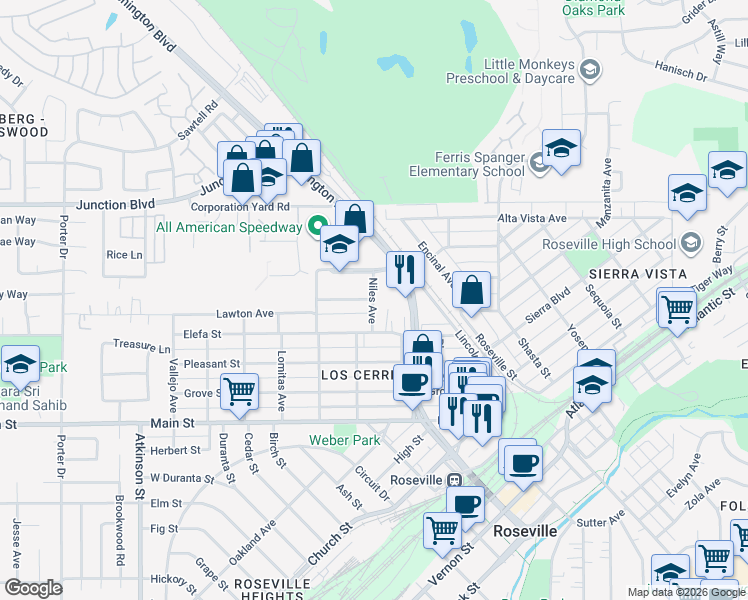 map of restaurants, bars, coffee shops, grocery stores, and more near Niles Avenue & Stanford Avenue in Roseville