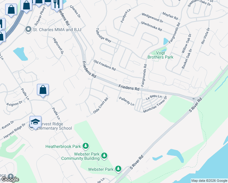 map of restaurants, bars, coffee shops, grocery stores, and more near 453 Angelique Place in St. Charles