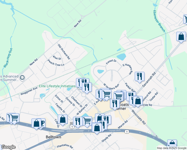 map of restaurants, bars, coffee shops, grocery stores, and more near 16851 North Hunters Run in Lewes