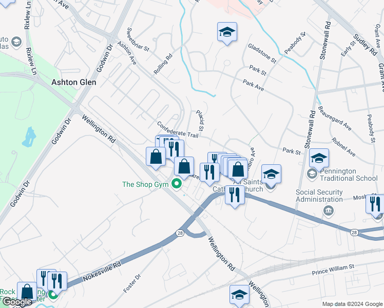 map of restaurants, bars, coffee shops, grocery stores, and more near 9260 Garnet Court in Manassas