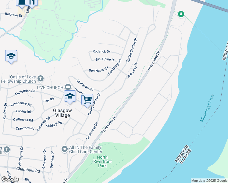 map of restaurants, bars, coffee shops, grocery stores, and more near 10613 Lookaway Drive in St. Louis