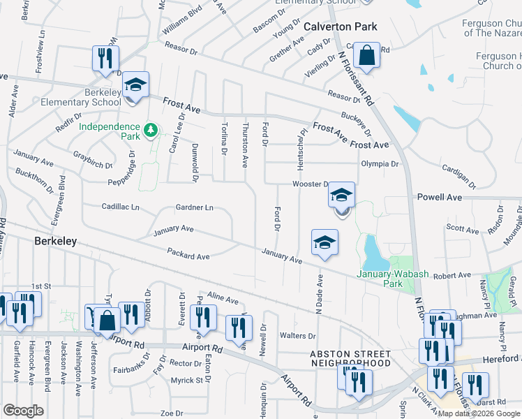 map of restaurants, bars, coffee shops, grocery stores, and more near 537 Ford Drive in Ferguson