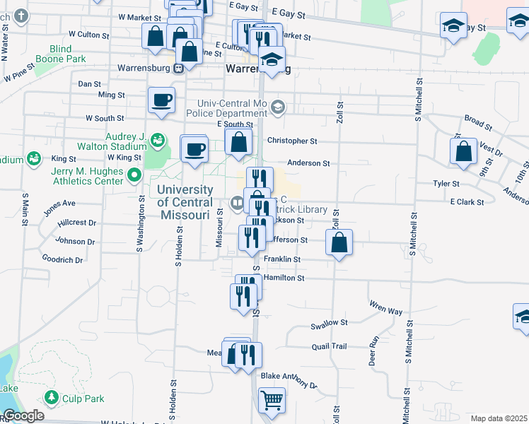 map of restaurants, bars, coffee shops, grocery stores, and more near 312 Jackson Street in Warrensburg