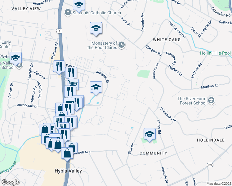 map of restaurants, bars, coffee shops, grocery stores, and more near 2604 Windbreak Drive in Alexandria