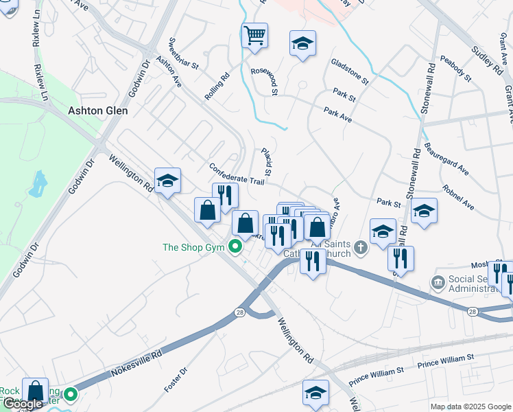 map of restaurants, bars, coffee shops, grocery stores, and more near 9260 Garnet Court in Manassas