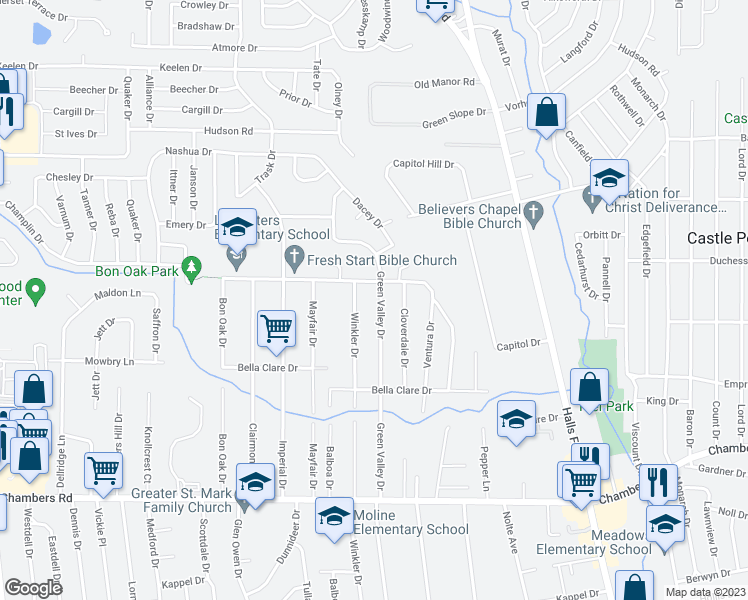 map of restaurants, bars, coffee shops, grocery stores, and more near 10185 Green Valley Drive in St. Louis