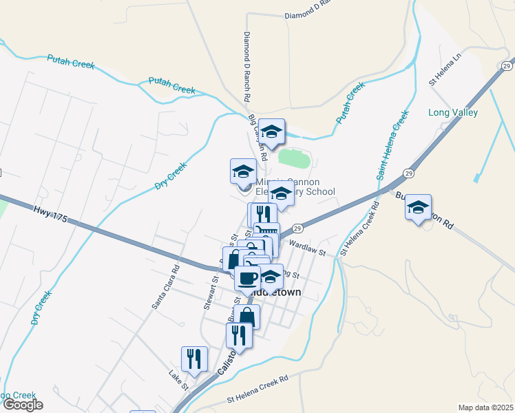 map of restaurants, bars, coffee shops, grocery stores, and more near 20932 Big Canyon Road in Middletown