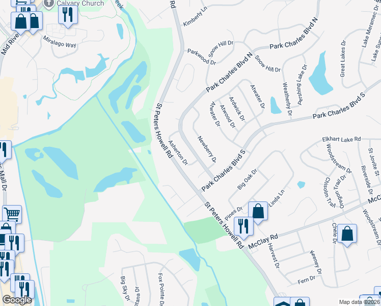 map of restaurants, bars, coffee shops, grocery stores, and more near 9 Park Charles Boulevard North in St. Peters