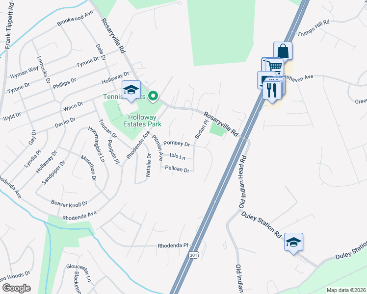 map of restaurants, bars, coffee shops, grocery stores, and more near 11011 Pompey Drive in Upper Marlboro