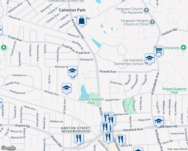 map of restaurants, bars, coffee shops, grocery stores, and more near 226 Eddy Avenue in Ferguson