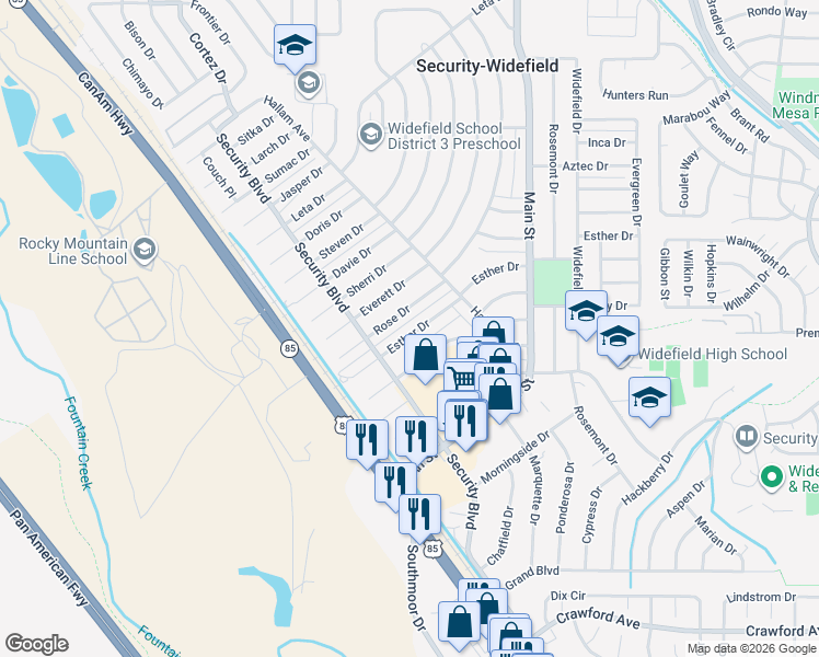 map of restaurants, bars, coffee shops, grocery stores, and more near 117 Esther Drive in Colorado Springs
