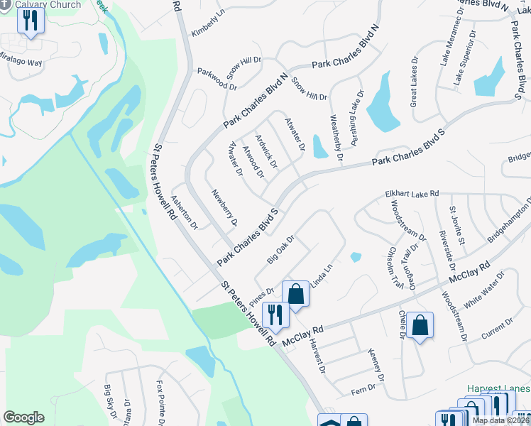 map of restaurants, bars, coffee shops, grocery stores, and more near 22 Park Charles Boulevard South in St. Peters