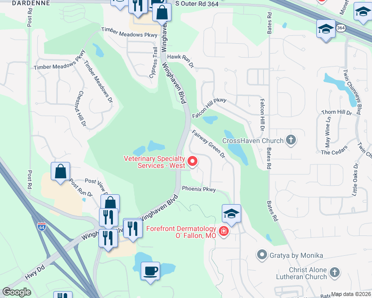map of restaurants, bars, coffee shops, grocery stores, and more near 128 Bayhill Village Drive in O'Fallon