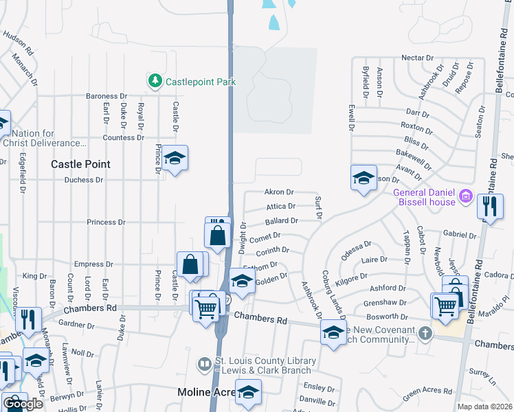 map of restaurants, bars, coffee shops, grocery stores, and more near 1525 Attica Drive in St. Louis