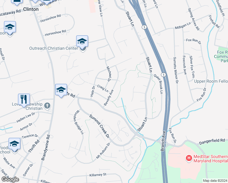 map of restaurants, bars, coffee shops, grocery stores, and more near 9610 Beverly Avenue in Clinton