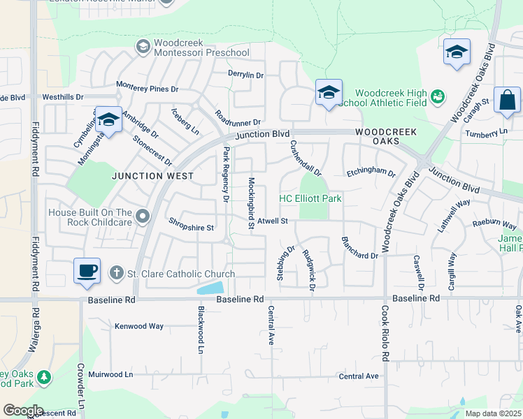 map of restaurants, bars, coffee shops, grocery stores, and more near 1796 Tanager Way in Roseville