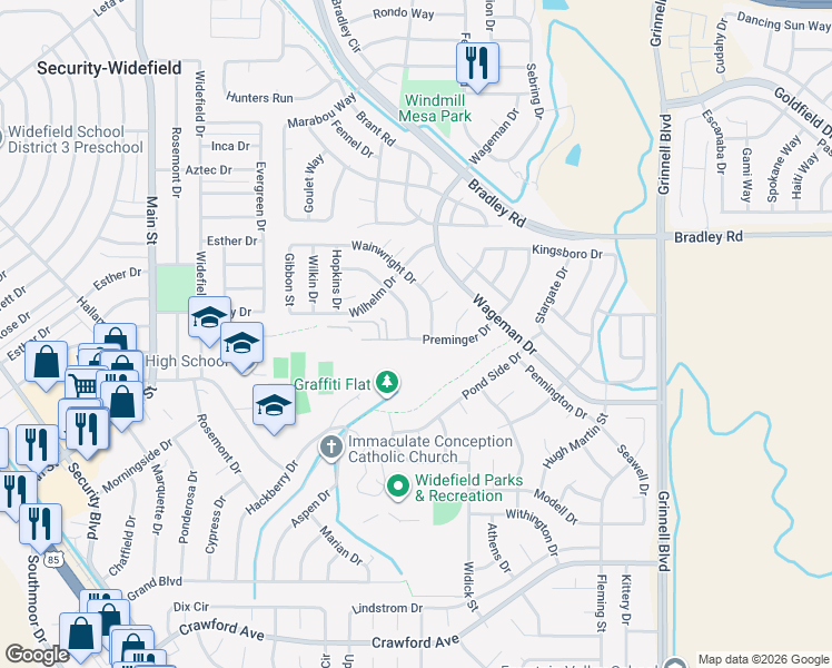 map of restaurants, bars, coffee shops, grocery stores, and more near 5250 Wainwright Drive in Colorado Springs