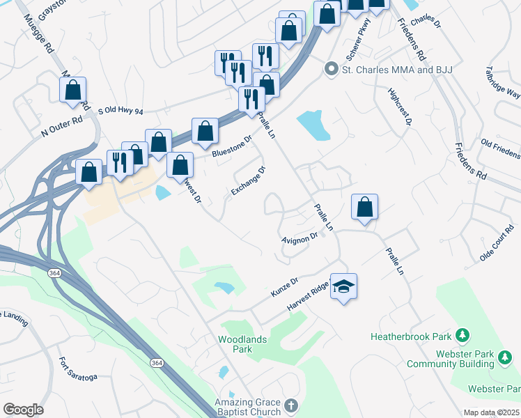 map of restaurants, bars, coffee shops, grocery stores, and more near 2066 Bayonne Drive in Saint Charles