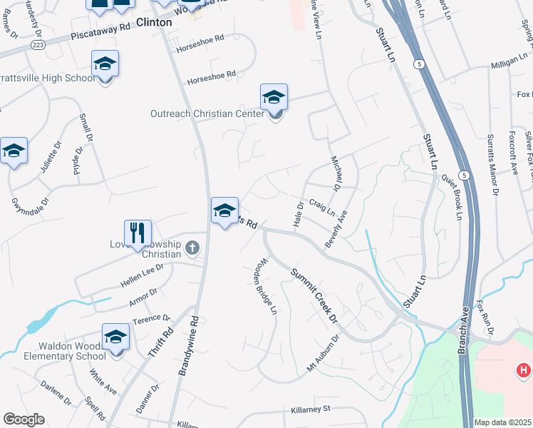 map of restaurants, bars, coffee shops, grocery stores, and more near 6610 Surratts Road in Clinton