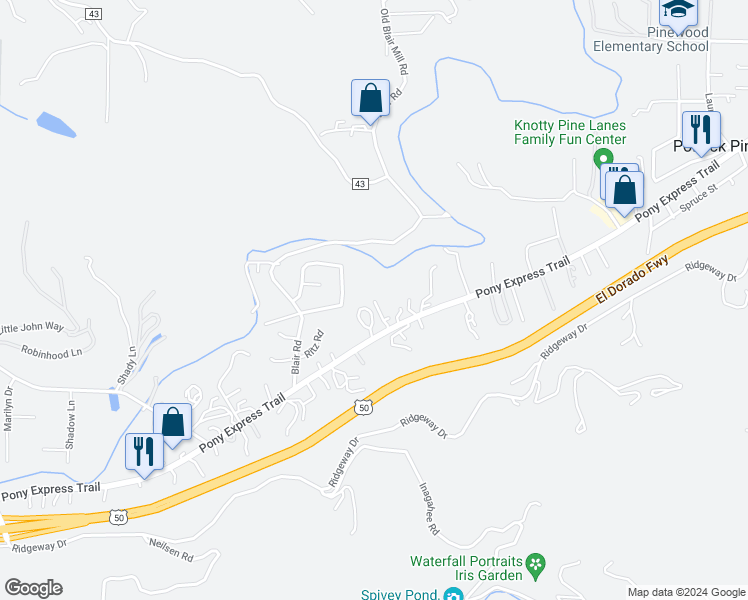 map of restaurants, bars, coffee shops, grocery stores, and more near 2902 Elkhorn Mill Road in Pollock Pines