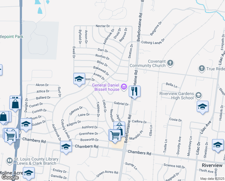 map of restaurants, bars, coffee shops, grocery stores, and more near 1000 Avant Drive in St. Louis