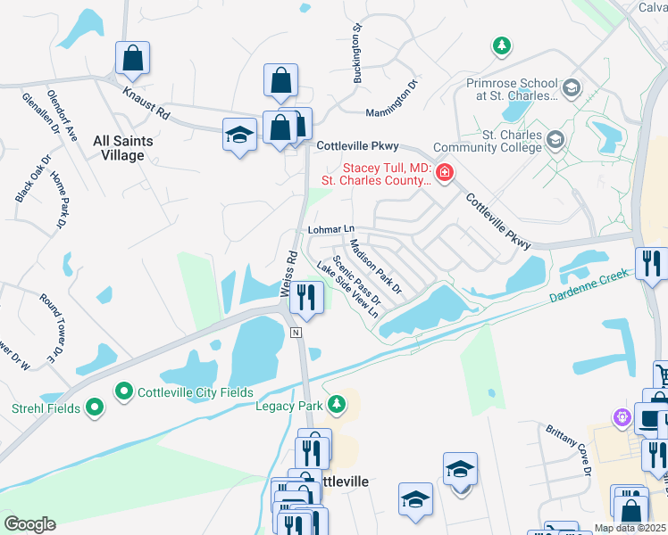 map of restaurants, bars, coffee shops, grocery stores, and more near 138 Scenic Pass Drive in St. Peters