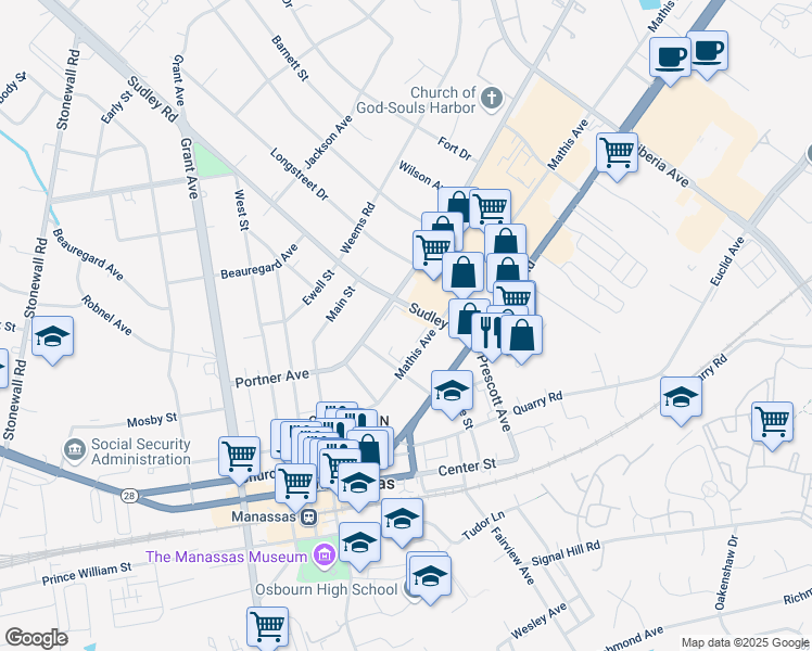 map of restaurants, bars, coffee shops, grocery stores, and more near 9201 Maple Street in Manassas
