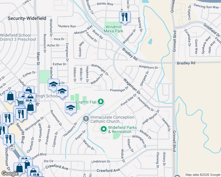 map of restaurants, bars, coffee shops, grocery stores, and more near 5250 Wainwright Drive in Colorado Springs