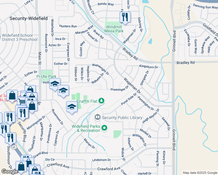 map of restaurants, bars, coffee shops, grocery stores, and more near 5250 Wainwright Drive in Colorado Springs